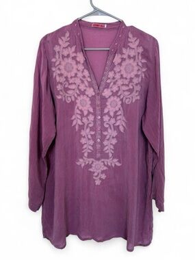 Johnny Was Lavendar Embroidered Button Front Tunic Blouse Large Boho Lightweight